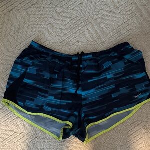 Nike Women’s Teal & Navy Patterned Athletic Shorts with Neon Trim